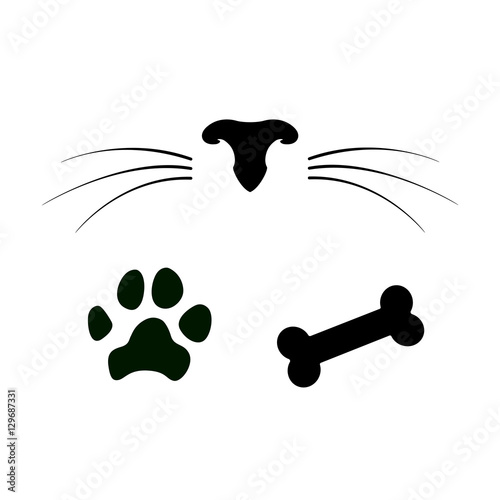 Set of dog and cat icons. Pet nose with whiskers, paw and bone. Vector illustration
