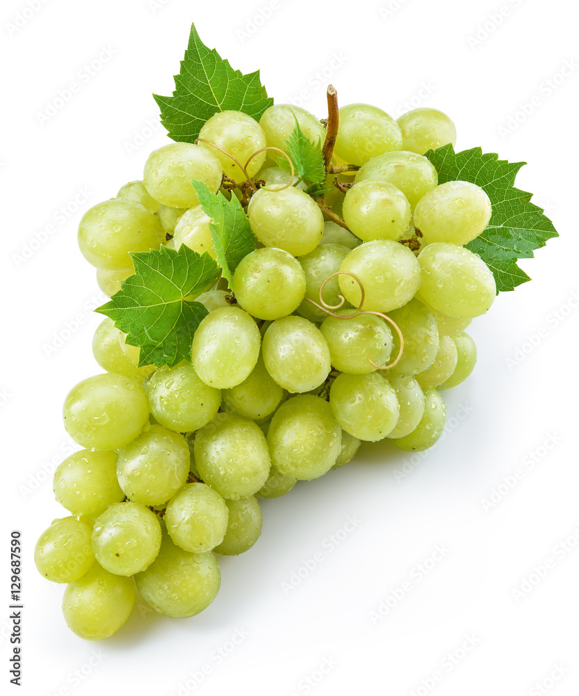 Green grape with leaves. Bunch of fresh berries isolated on whit Green grape with leaves. Bunch of fresh berries isolated on whit