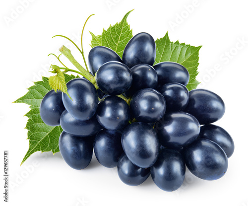 Dark blue grape with leaves isolated on white background. With c