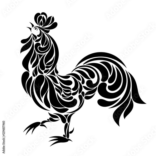 Decorative cockerel. Stylized rooster decorated with floral ornament. Cock isolated on a white background.