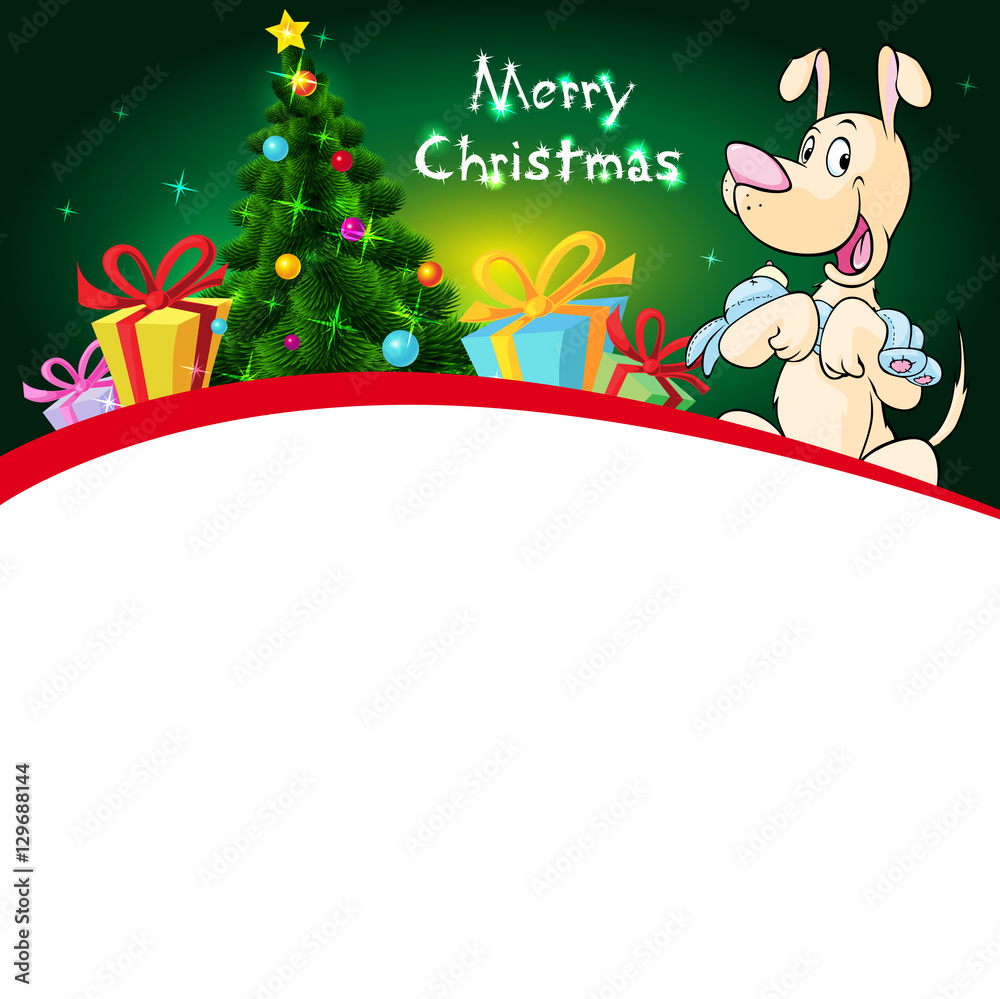 funny xmas design with christmas tree and dog hold doll - vector illustration