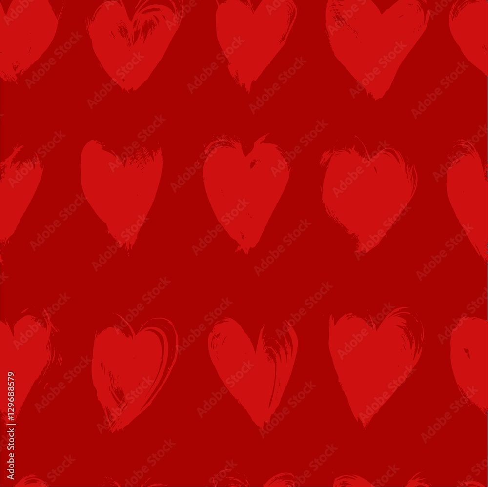 Red seamless pattern from red textured smears heart shapes
