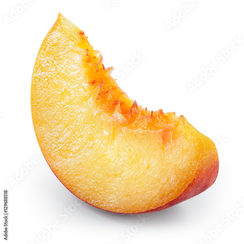 Peach slice of fruit isolated on white. With clipping path.