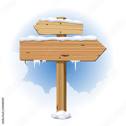 Wooden winter sign with snow and sky. Vector illustration.