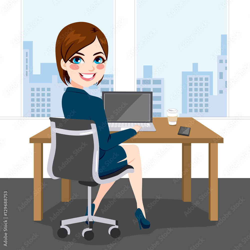 Beautiful brunette successful businesswoman back view sitting working with laptop at office Beautiful brunette successful businesswoman back view sitting working with laptop at office