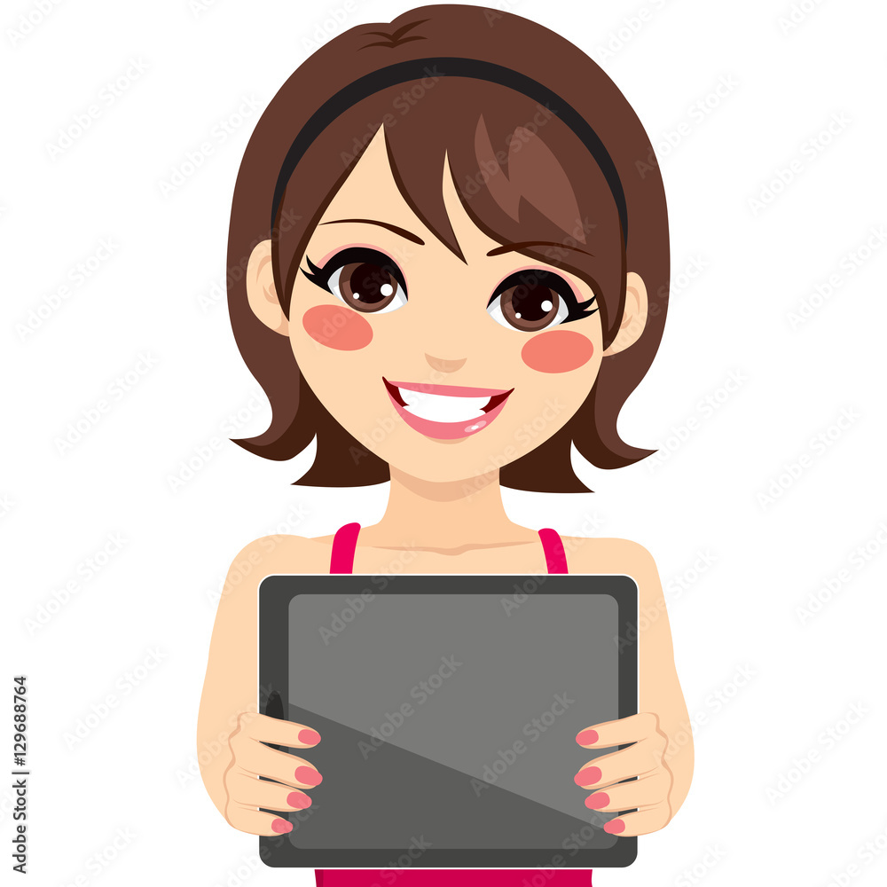 Young happy smiling woman showing blank horizontal black tablet Young happy smiling woman showing blank horizontal black tablet