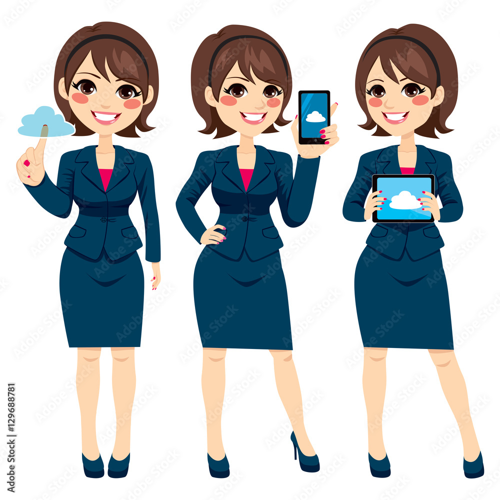 Beautiful young brunette businesswoman using different cloud devices Beautiful young brunette businesswoman using different cloud devices
