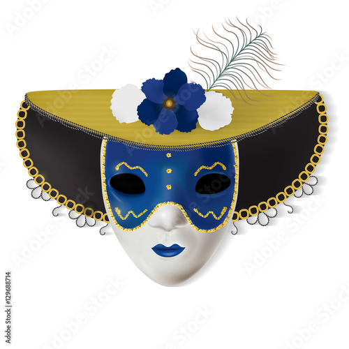 Blue Venetian carnaval mask gold feather white