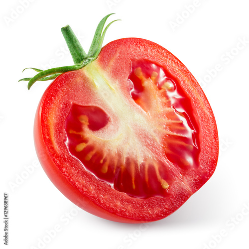 Fresh tomato. Half of vegetable isolated on white. With clipping