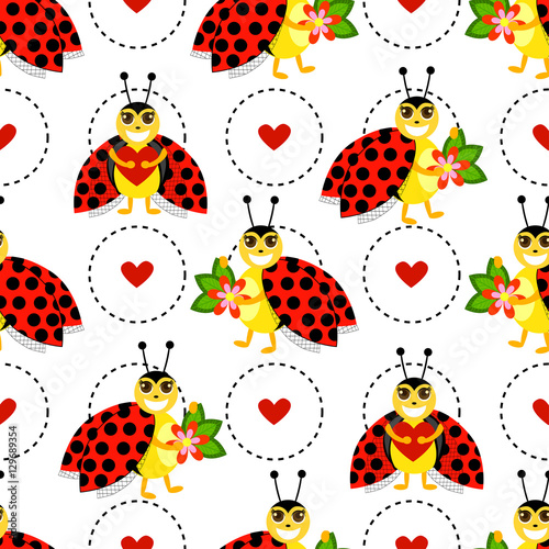 Funny pattern with flowers, hearts, ladybug and circle on a white background.