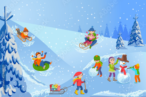 Vector illustration of winter landscape happy children playing with snowman walking outdoor.