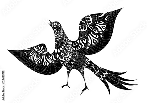 Ornamental fantasy bird hand drawn. Vector illustration. Folk design. Line art. T-shirt designs.