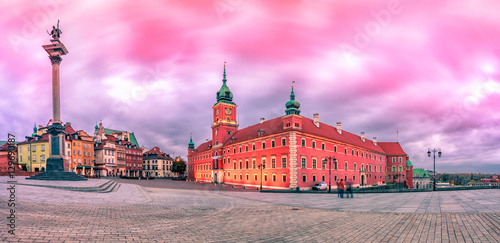 Warsaw Royal Castle Square sunrise skyline, Poland. Panoramic montage from 3 images with post processing effects