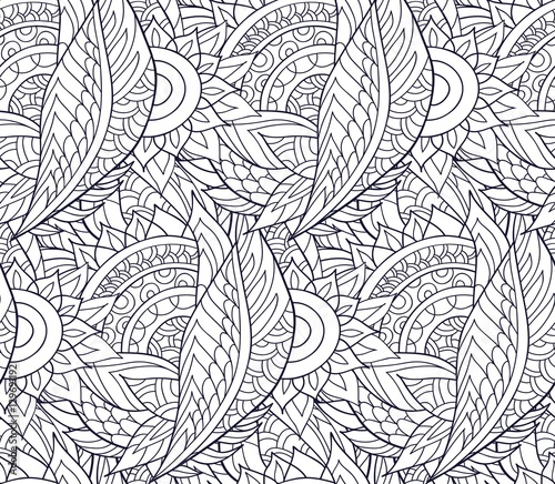Oriental seamless background doodle pattern. Vector illustration hand drawn. Fantasy flowers and leafs. Line art , black and white.