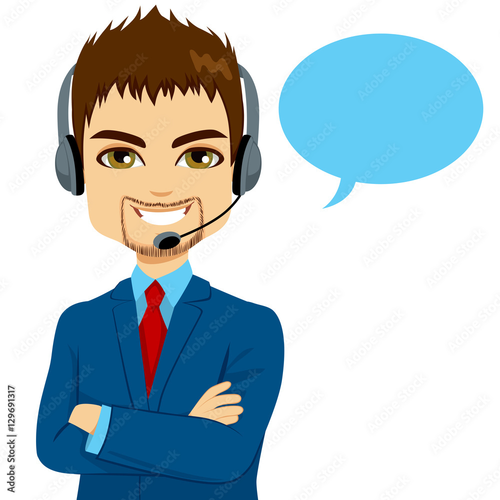 Portrait of happy smiling call center operator man on support phone with headset isolated on white background Portrait of happy smiling call center operator man on support phone with headset isolated on white background