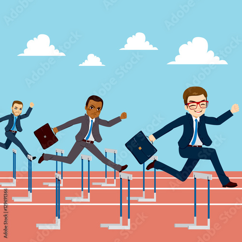 Small group of businessmen competition concept jumping hurdles on business competitive career