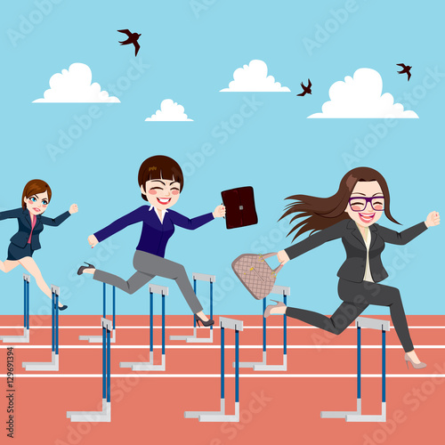 Small group of businesswomen competition concept jumping hurdles on business competitive career