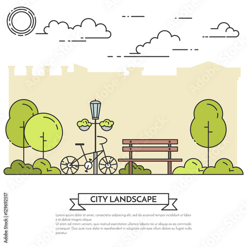 City landscape with bench, bicycle in central park Line art
