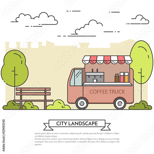City landscape with bench, coffee truck in park Line art