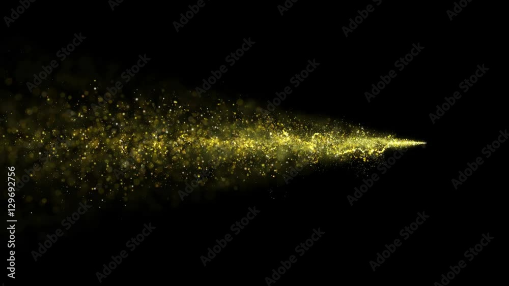 Gold glittering star dust trail of sparkling particles on black background. Space comet tail. Golden flying particles.