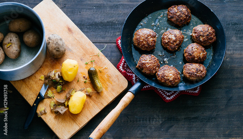 Fried meatballs in a pan photo