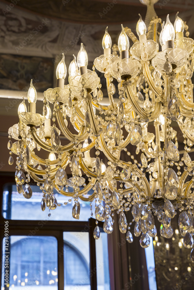 close up on ancient crystal chandelier close up on ancient crystal chandelier