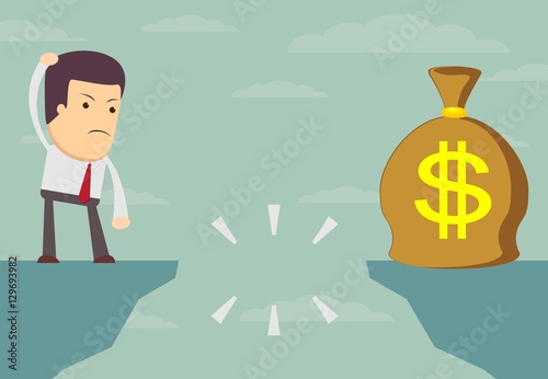 Businessman looking for money bag.