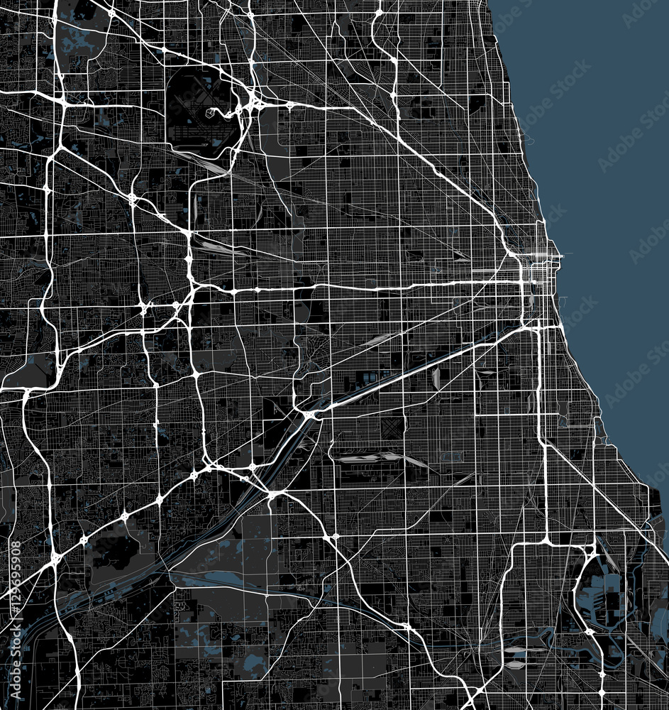 Naklejka premium Czarno-biała mapa miasta Chicago. Drogi w Illinois