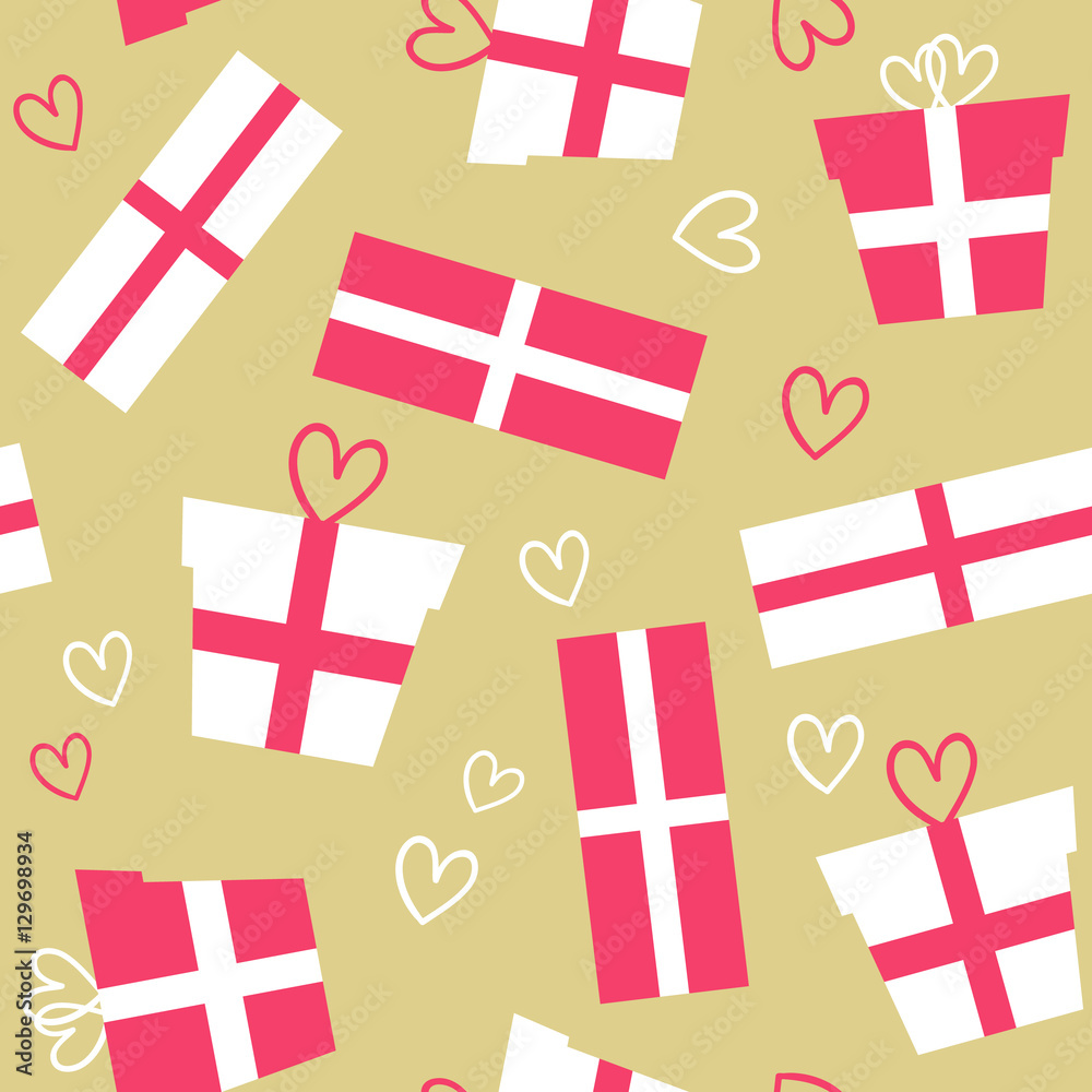 Fototapeta premium Valentine's Day vector seamless pattern. Flat cartoon gifts and presents on golden background. Cute girly pattern design. Great for wrapping and textile.