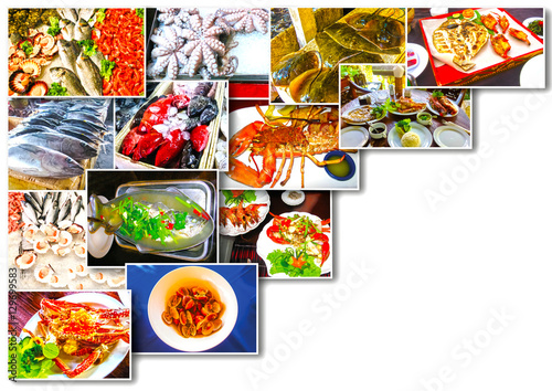 Sea food collage with raw fish and restaurant dishes
