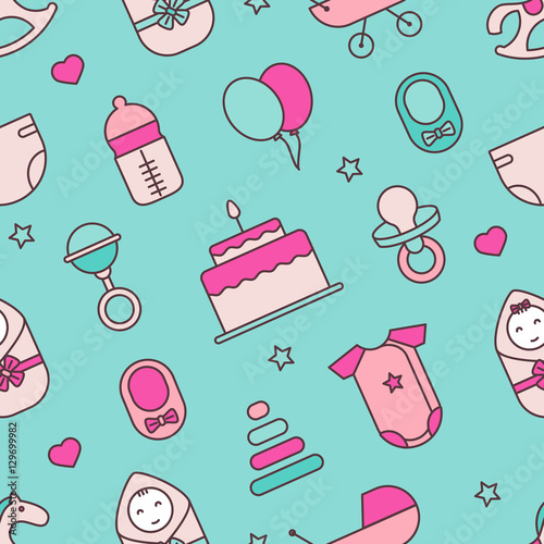 Baby. Seamless pattern.  Vector flat line illustrations
