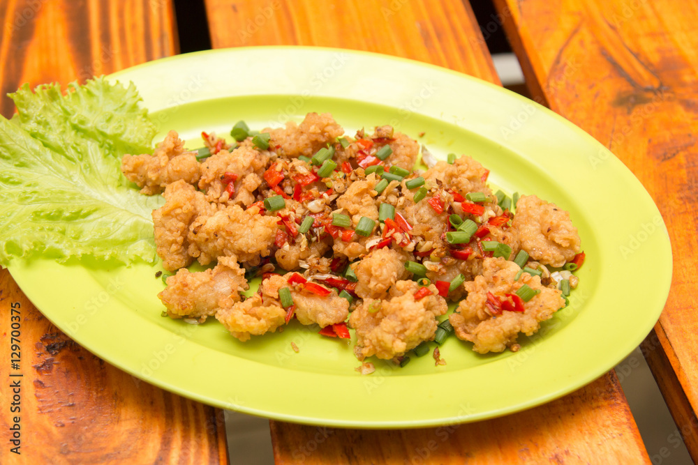 Squid fried floured calamari spicy with chili