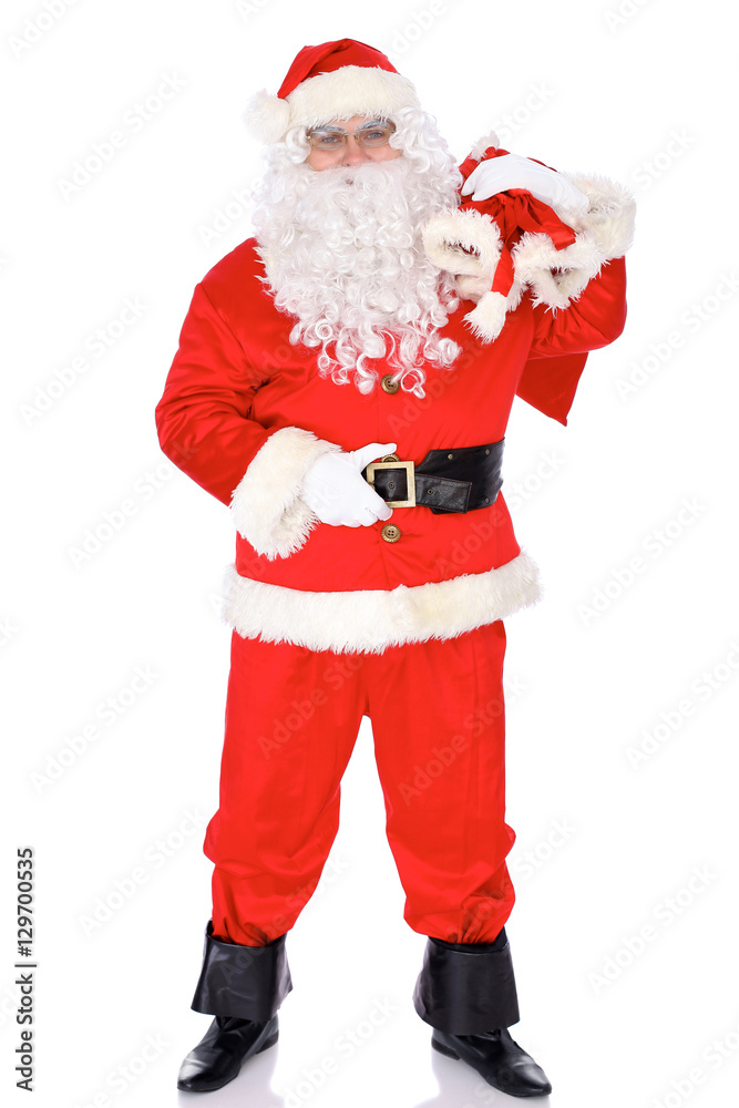 Santa Claus standing with his sack full of presents, isolated on white background. Full length portrait Santa Claus standing with his sack full of presents, isolated on white background. Full length portrait