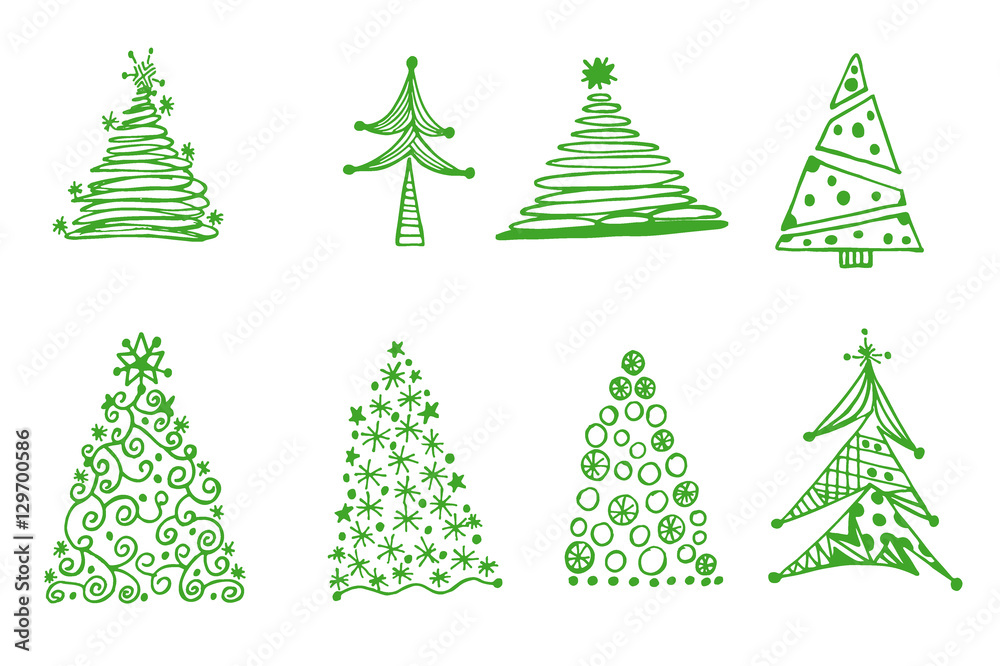 set of Christmas trees, hand drawings, sketch, vector