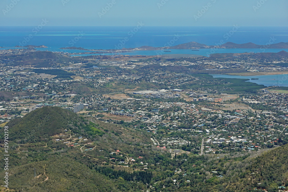 Aerial view of Noumea city on the southwest coast of New Caledonia island, south Pacific ocean
