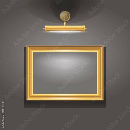 Empty golden frame on a wall with a lamp, editable template, vector illustration