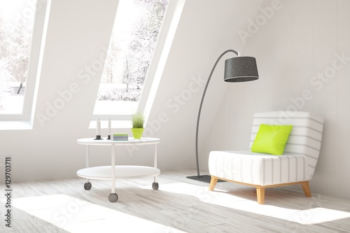 White room with armchair and winter landscape in window. Scandinavian interior design © AntonSh