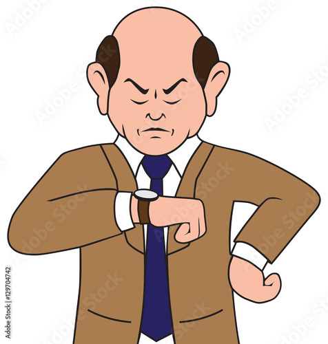 Irritated cartoon businessman is glaring at his watch