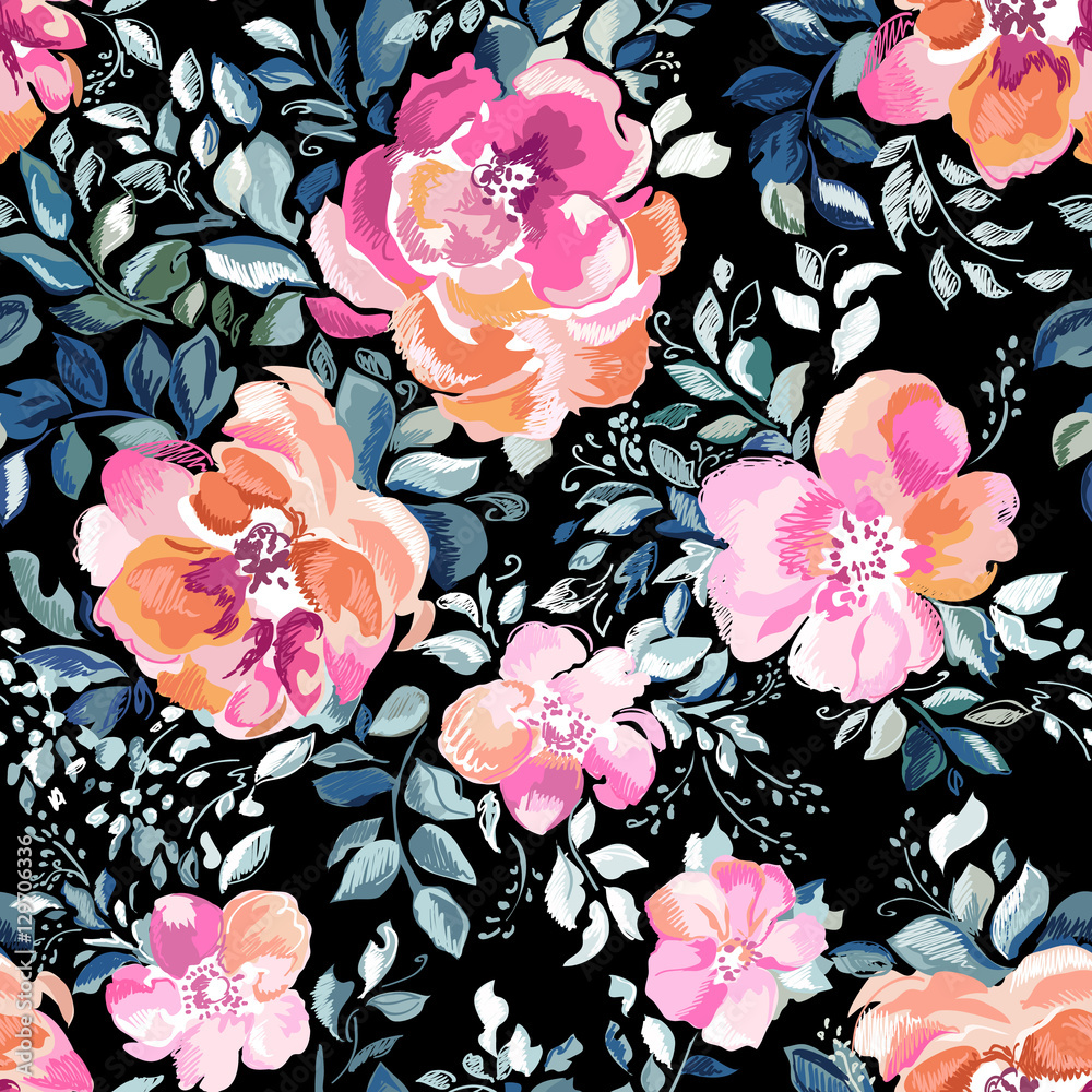 Watercolor motif of roses and fanciful leaves