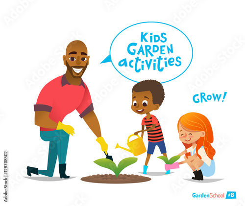 Father and kids engaged gardening in the backyard. Girl boy planting flowers in the garden. Eco concept. Montessori education activities. Vector illustration