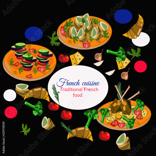 French cuisine top view frame. Food menu design. Vector drawn sketch illustration.
