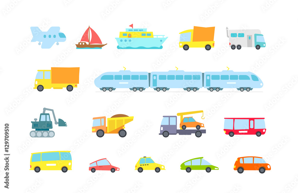 Set of transport. Variety machines, methods cargo and passengers. Original vector illustration. Children style.