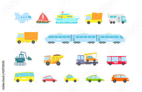 Set of transport. Variety machines, methods cargo and passengers. Original vector illustration. Children style.