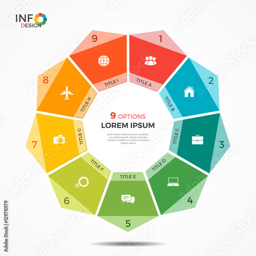 Colorful infographic template with 9 options circle chart. The elements of this template can be easily adjusted, transformed, added/completed, deleted and the colour can be changed.