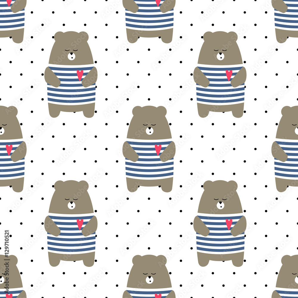 Fototapeta premium Cute bear seamless pattern on polka dots background. Cartoon parisian teddy bear vector illustration. Child drawing style animal background. Design for fabric, textile etc.