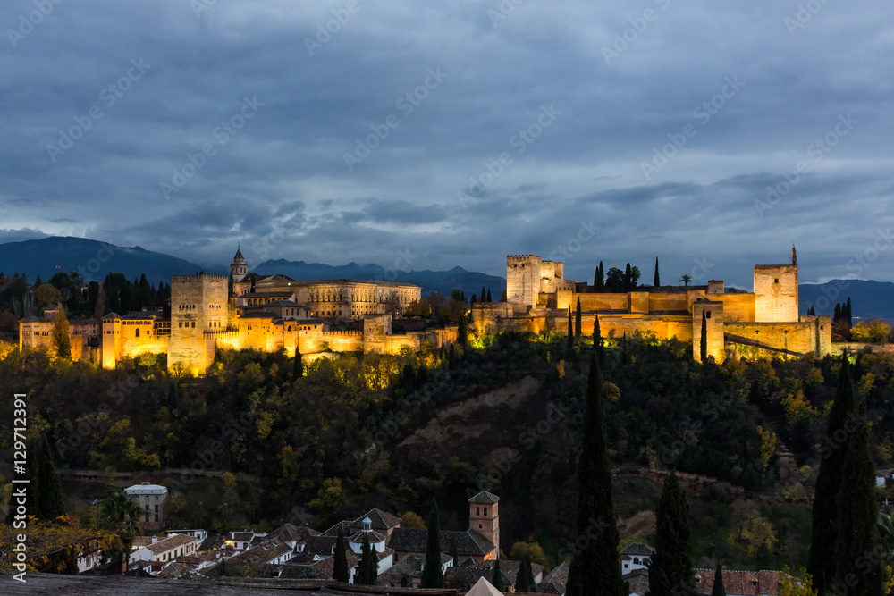 Panoramic view of the Alhambra from Albayzin at night (Granada, Spain)
