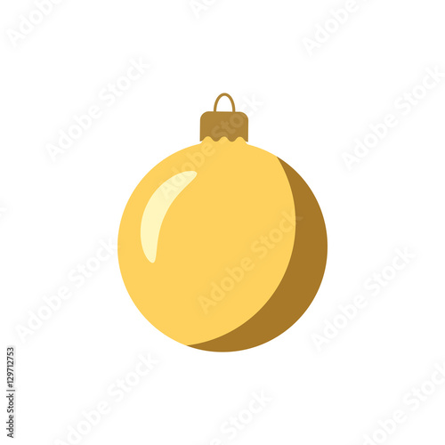 Christmas tree gold ball icon. Golden bauble decoration, isolated on white background. Symbol of Happy New Year, Xmas holiday celebration, winter. Flat design for card. Vector illustration