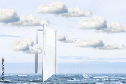 Surrealistic window open on calm ocean, window to freedom