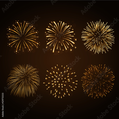 Fireworks set gold isolated. Beautiful golden fireworks on black background. Bright decoration Christmas card, Happy New Year celebration, anniversary, festival. Flat design Vector illustration