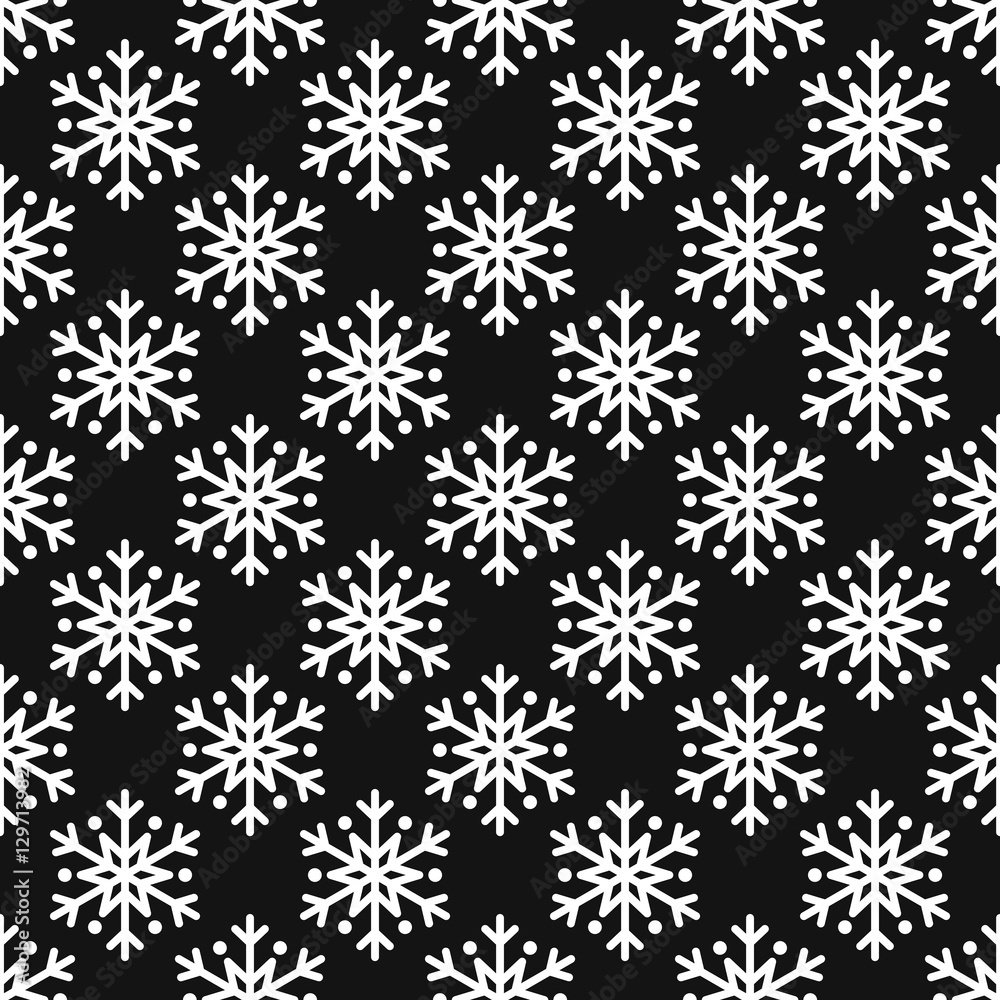 Snowflake simple seamless pattern. White snow on black background. Abstract wallpaper, wrapping decoration. Symbol of winter, Merry Christmas holiday, Happy New Year celebration Vector illustration Snowflake simple seamless pattern. White snow on black background. Abstract wallpaper, wrapping decoration. Symbol of winter, Merry Christmas holiday, Happy New Year celebration Vector illustration